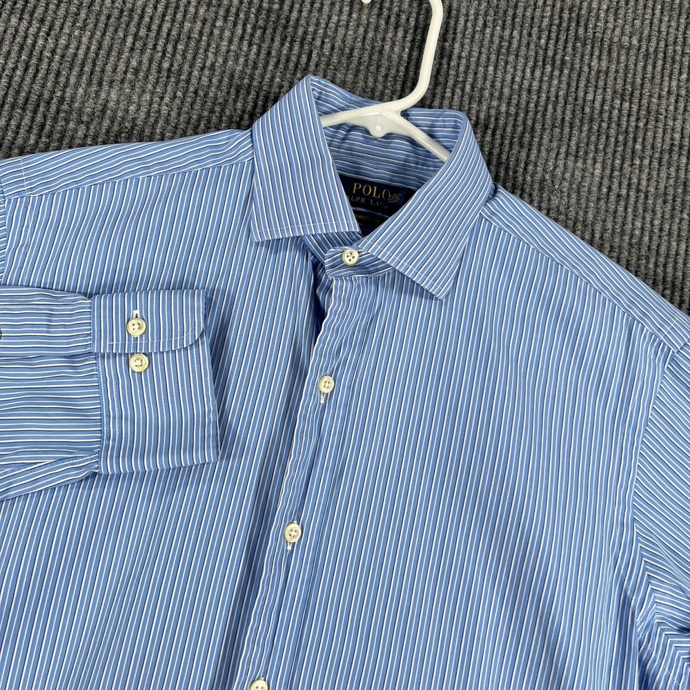 Polo Ralph Lauren Shirt Mens 15.5 Blue Striped Long Sleeve Button Up Classic Fit